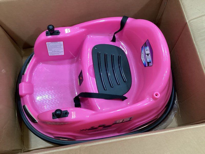 Condition photo showing Good Condition for flybar 12v glow bumper car ride on toy - indoor/outdoor toys, toddler toys, bumper cars, kids electric car, w/ 360° spins, multi-color led lights, max weight of 100lbs, age 4-9yrs, pink