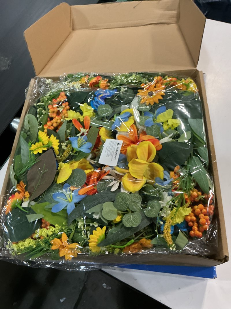 Condition photo showing New/Like New for spring summer wreaths for front door 24 inch, luxury orange blue floral wreath with daisies buttercup & blue butterflies, spring summer wreath for porch home wall window decor indoor outdoor use