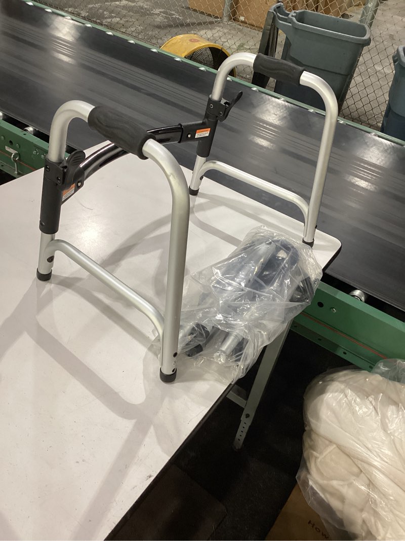 Condition photo showing As Is for drive medical two-button folding walker with wheels - lightweight rolling mobility support - adjustable height - dual push-button operation - 5 inch front wheels - durable aluminum - silver 2-button walker