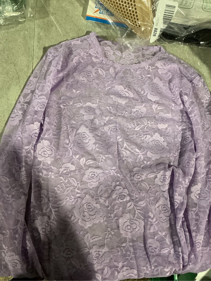 Condition photo showing Good Condition for lyaner women's sexy mesh top floral long sleeve see through shirt lace sheer blouses medium light purple