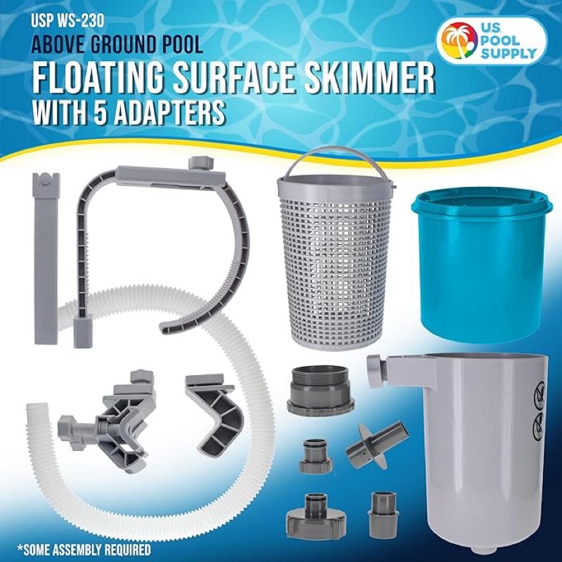 U.S. Pool Supply - Separador de superficie flotante para piscina sobre el suelo, con canasta para limpiar residuos, 5 adaptadores, montaje en pared, se fija a bordes inflables, marcos tubulares y
