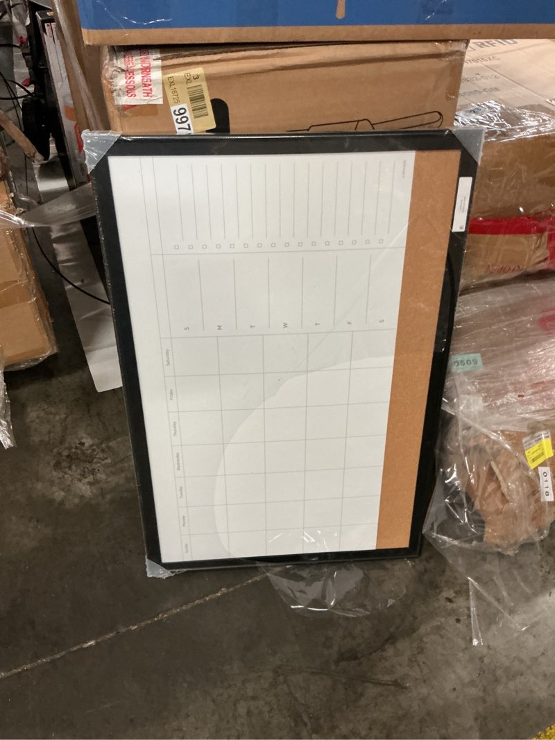 Condition photo showing As Is for u brands 23 x 17 in. magnetic dry erase calendar combo board, black wood style frame