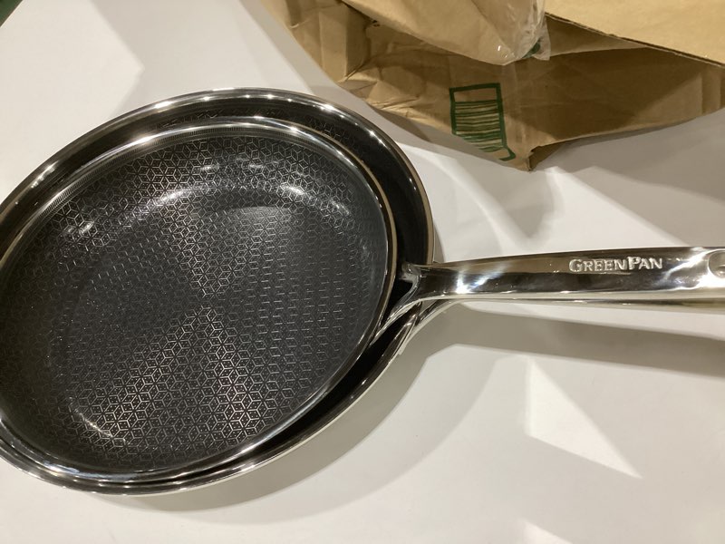 Condition photo showing As Is for greenpan spectra 10" & 12" frying pan skillet, hybrid tri-ply stainless steel, pfas-free ceramic nonstick textured cooking surface, induction cookware, diswasher safe, oven & broiler temp to 850?f 10" & 12" frying pan skillet set