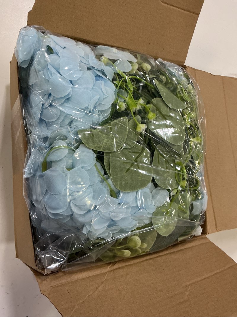 Condition photo showing New/Like New for light blue 6ft hydrangeas artificial floral garland decoration for mantle with greeny eucalyptus summer spring fake flowers vines for wedding wall arch home table centrepiece backdrop fireplace party