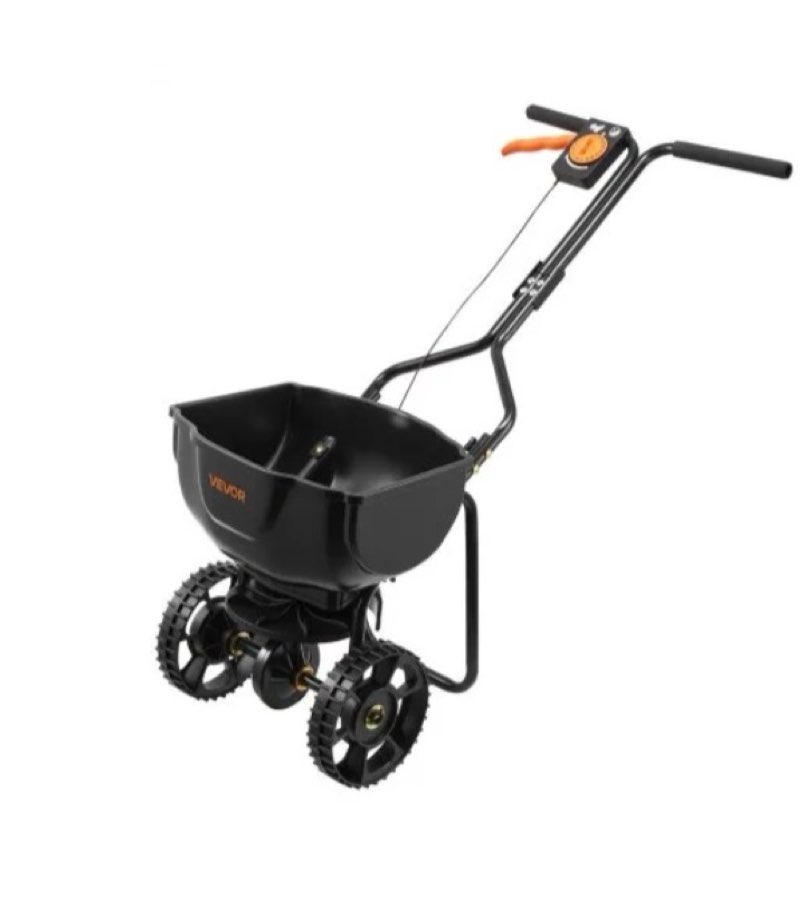 vevor walk-behind spreader, 9.8ft spreading width, push broadcast spreader with 10" all-terrain tires, adjustable flow control, 15lbs capacity hopper, lawn spreaders for fertilizer seed small home use