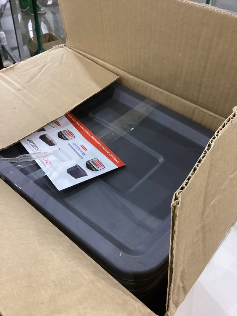 Condition photo showing Good Condition for Rubbermaid 6-Pack Heavy Duty Durable 3 GAL Totes for Storage with Snap Lids and Handles, Plastic Storage Bins Stackable Black Gray for Home and Garage (3 GAL - 6 Pack Solid Black and Grey)