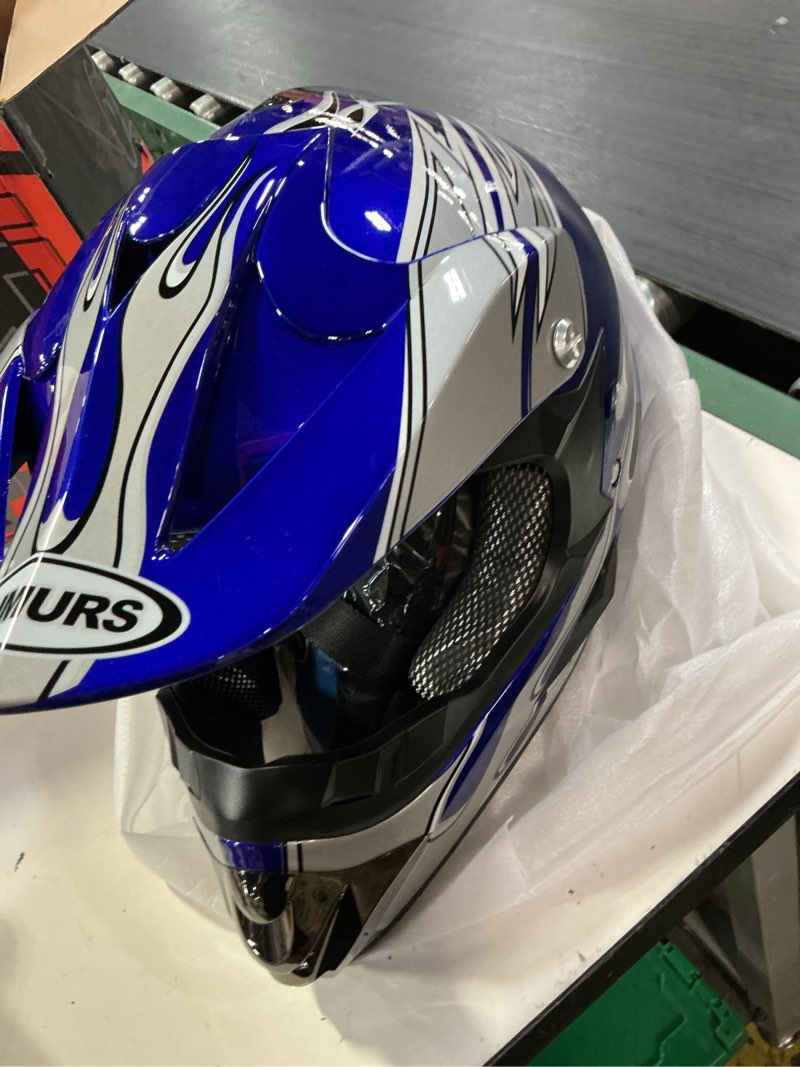 Condition photo showing New/Like New for (size m)oumurs adult motocross dirt bike helmet with goggles, gloves & mask dirt bike atv helmet for unisex-adult men women adjustable sun visor dot/fmvss-218 off-road motorcycle helmet utv helmet downhill new blue flame medium