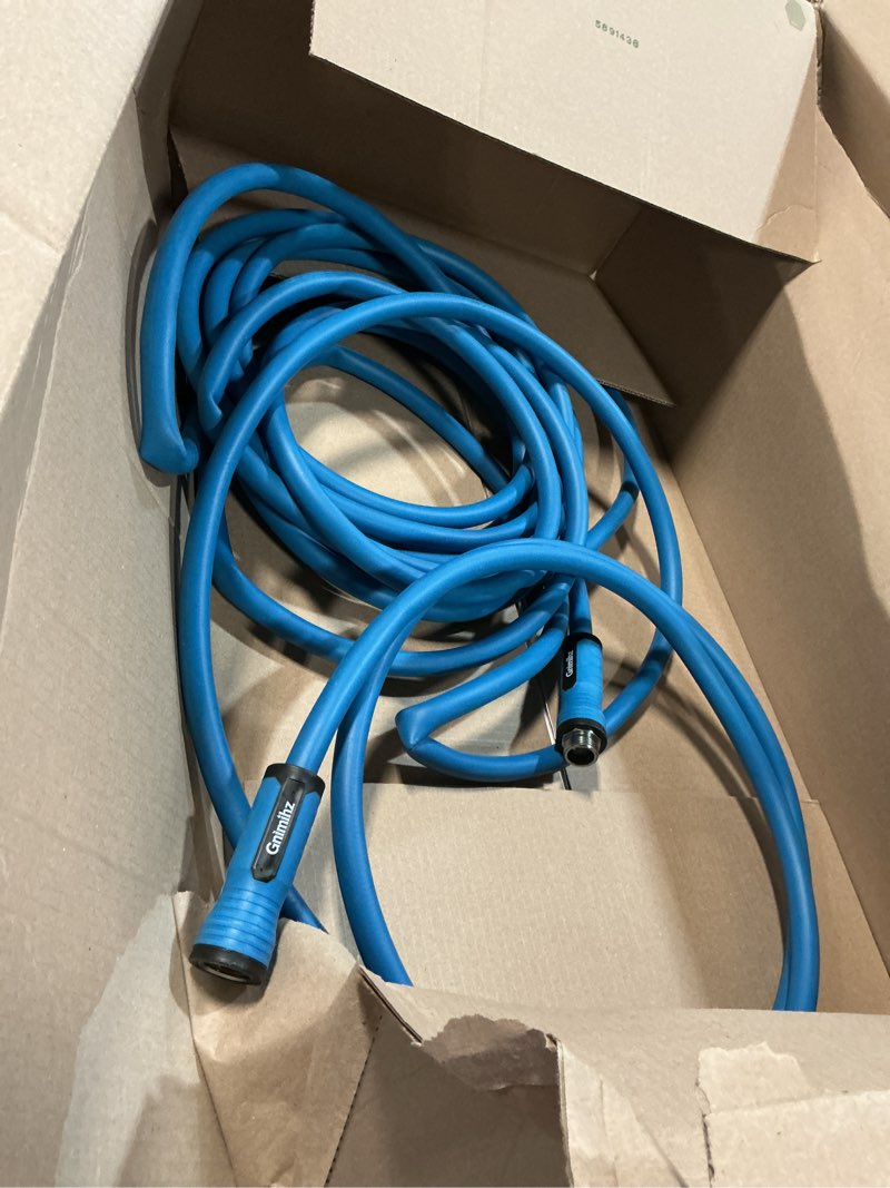 Condition photo showing As Is for garden hose 12ft, made of tpe(betterthan pvc), lightweight but durable water hose with ergonomic swivel fittings, drinking water safe material, female to female blue 12ft x 5/8in female to female