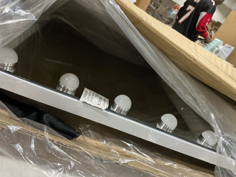 Condition photo showing As Is for Hansong Vanity Mirror with Lights and Bluetooth Speaker 32"x 22.8" Hollywood Makeup Mirror with 18 LED Bulbs, Large Lighted Mirror with 3 Color Modes, USB Charging, 10x Magnification, Tempered Glass A-white With Bluetooth-32x23in