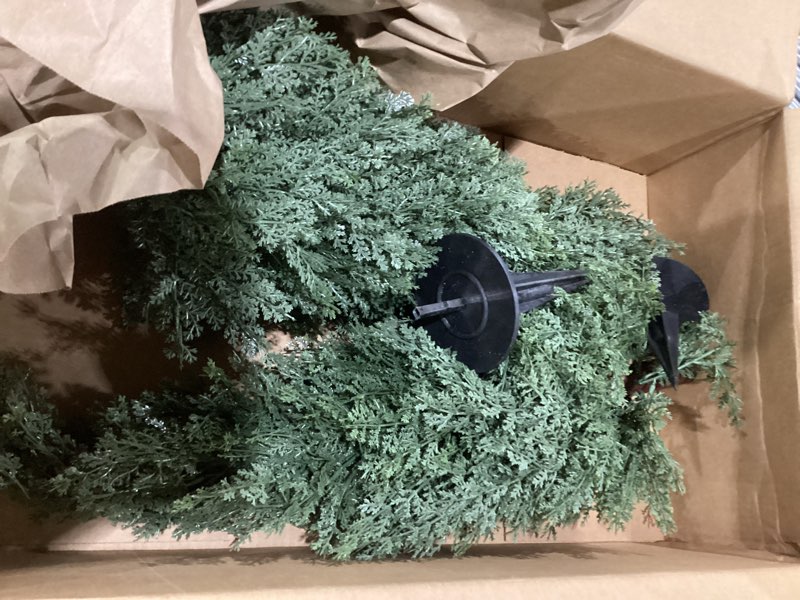 Condition photo showing Good Condition for 3ft artificial cedar topiary trees with ground spike, set of 2 uv resistant fake evergreen bushes shrubs trees artificial plants realistic faux cypress plants for indoor outdoor front porch garden