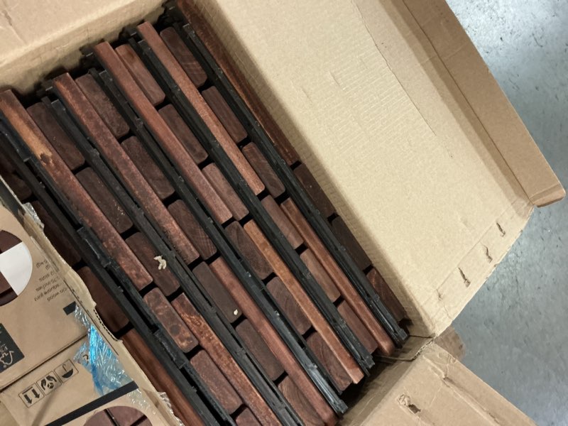 Condition photo showing Good Condition for 10 pcs deck tiles, patio flooring - outdoor waterproof acacia wood tiles for all weather use - balcony, backyard, indoor & outdoor (dark brown crossed pattern, 10 square ft) dark brown crossed pattern 10 pcs - 10 square ft