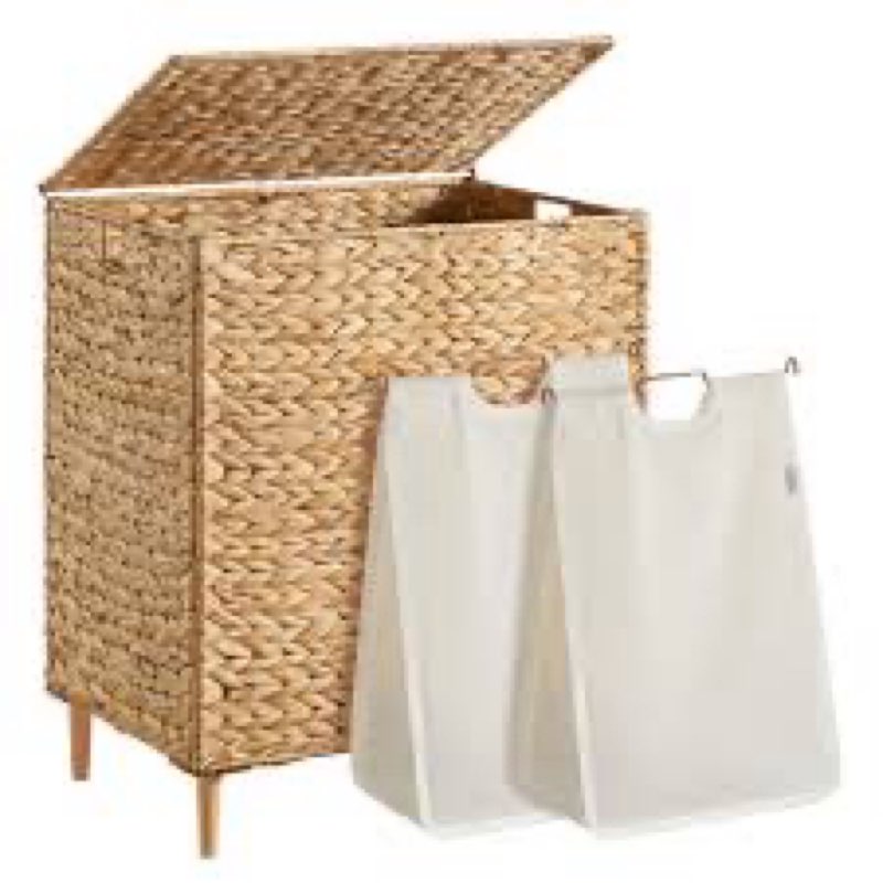 songmics laundry hamper 2 sections, 34.3 gal. (130 l) handwoven water hyacinth wicker laundry basket with lid, natural material, removable machine washable liners, handles, natural ulcb202y01