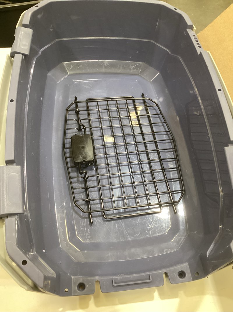 Condition photo showing As Is for amazon basics 2-door top-load hard-sided cat pet travel carrier, 19.0" l x 12.6" w x 10.0" h, gray & blue gray & blue 19.0"l x 12.6"w x 10.0"h