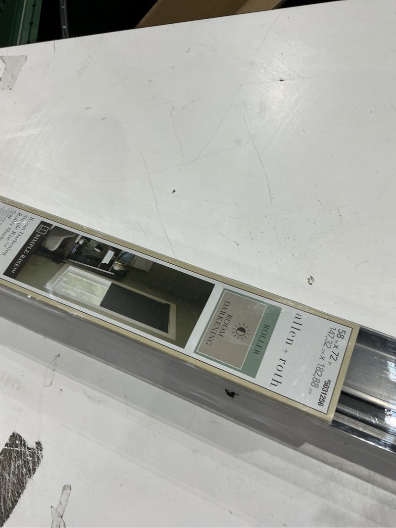 Condition photo showing As Is for allen + roth 58-in x 72-in gray room darkening cordless roller shade