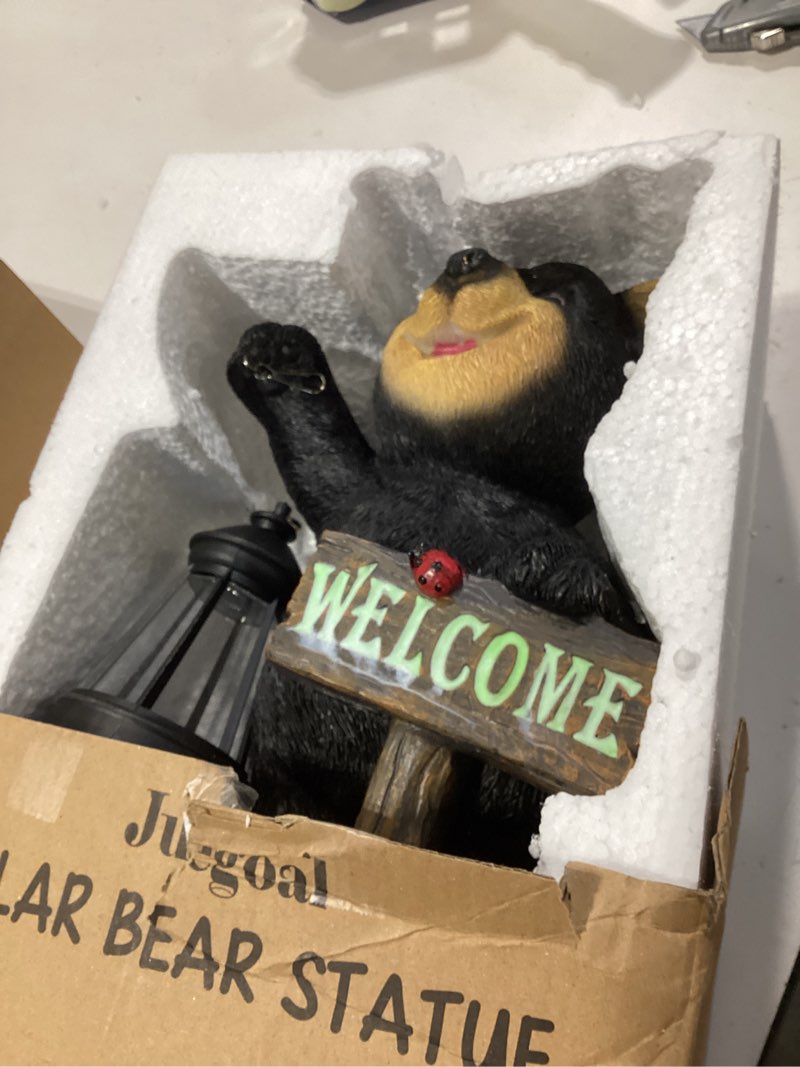 Condition photo showing Good Condition for juegoal garden bear statue with solar led lantern, luminous welcome sign, gifts for mom yard art, whimsical figurine large sculpture lighted outdoor mother's day spring decorations for lawn, porch