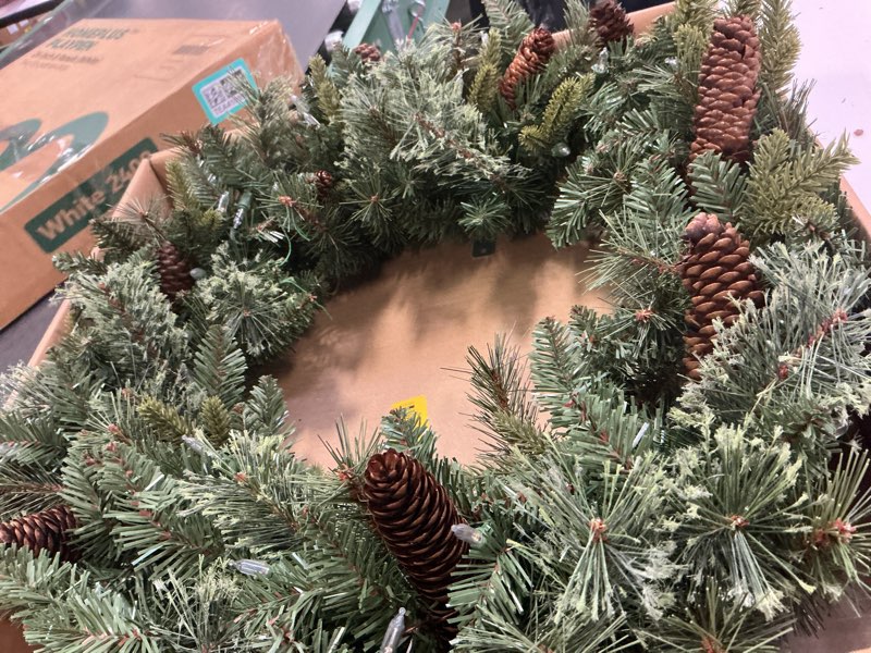 Condition photo showing Good Condition for Nearly Natural 24in. Mixed Pine Artificial Christmas Wreath with 35 Clear LED Lights and Pinecones