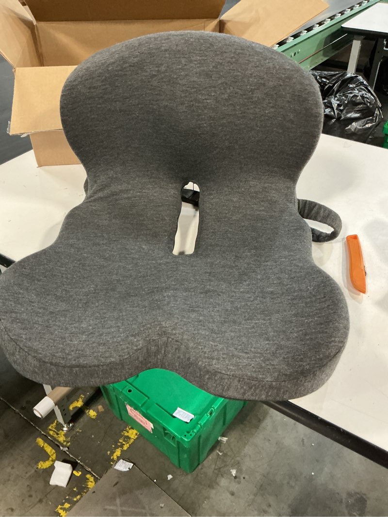 Condition photo showing Good Condition for ergonomic seat cushion with adjustable strap, memory foam office chair seat cushion with l-shaped design, car seat cushion fits for truck driver semi truck, gaming chair, desk, dark gray