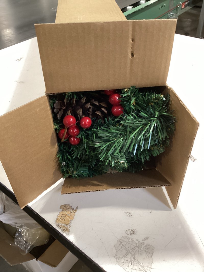 Condition photo showing Good Condition for 3ft Pre-lit Mini Christmas Tree,Artificial Pine 121 PVC Branches Tips with 11 Red Berries & 11 Pinecone & 70 LED String Lights & Burlap Wrapped Base Decor Xmas Tree for Tabletop,Battery Operated Green 3ft