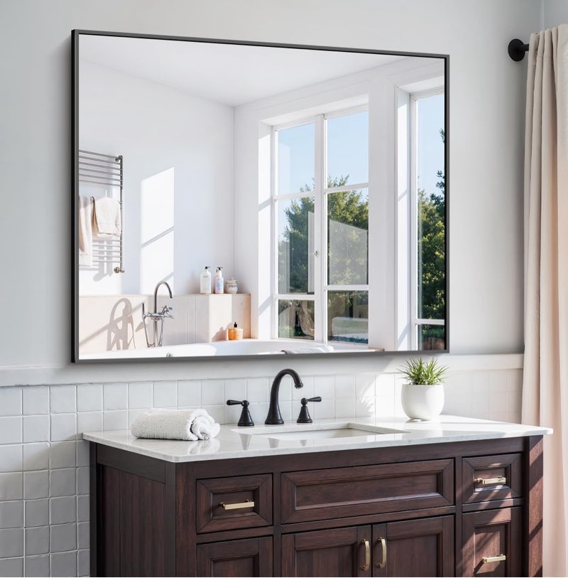 CIRCUMI Black Bathroom Mirror, 40"x48" Rectangular Mirror with Deep Metal Frame, Brushed Finish, Tem