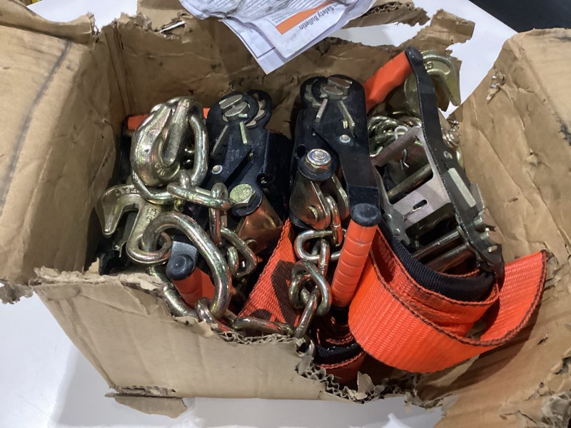 Condition photo showing New/Like New for vulcan car tie down with chain anchors - lasso style - 2 inch x 96 inch - 4 pack - proseries - 3,300 pound safe working load chain anchors - proseries orange (4 pack)