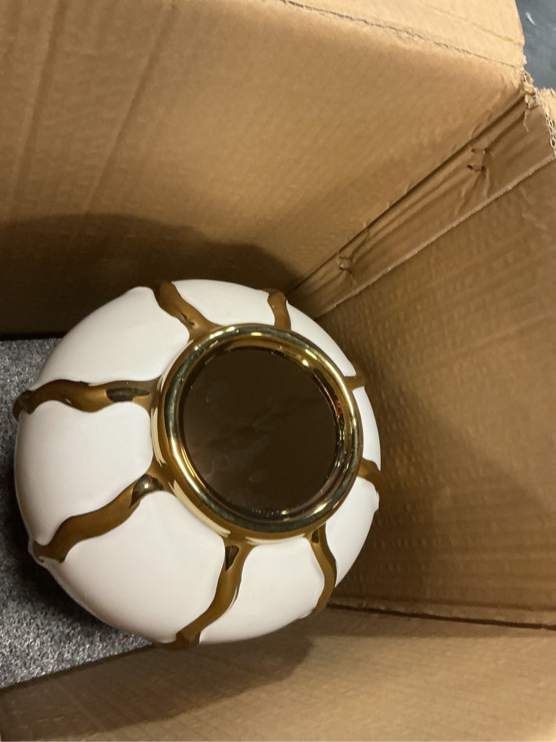 Condition photo showing Good Condition for ginger jar, 18" white gold ceramic vase with gold trim, porcelain ceramic vase for home decor, vintage ginger vase for home, wedding, party decor