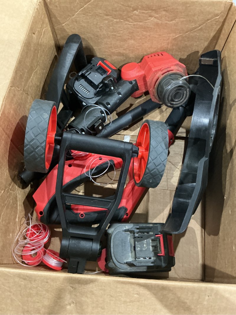 Condition photo showing As Is for incomplete missing parts as is!!!     electric weed wacker cordless weed eater battery powered 21v, 4-in-1 brush cutter/string trimmer/grass trimmer/lawn mower, 6 inch edger stringless weed trimmer with wheel & blade, 2 battery(red)