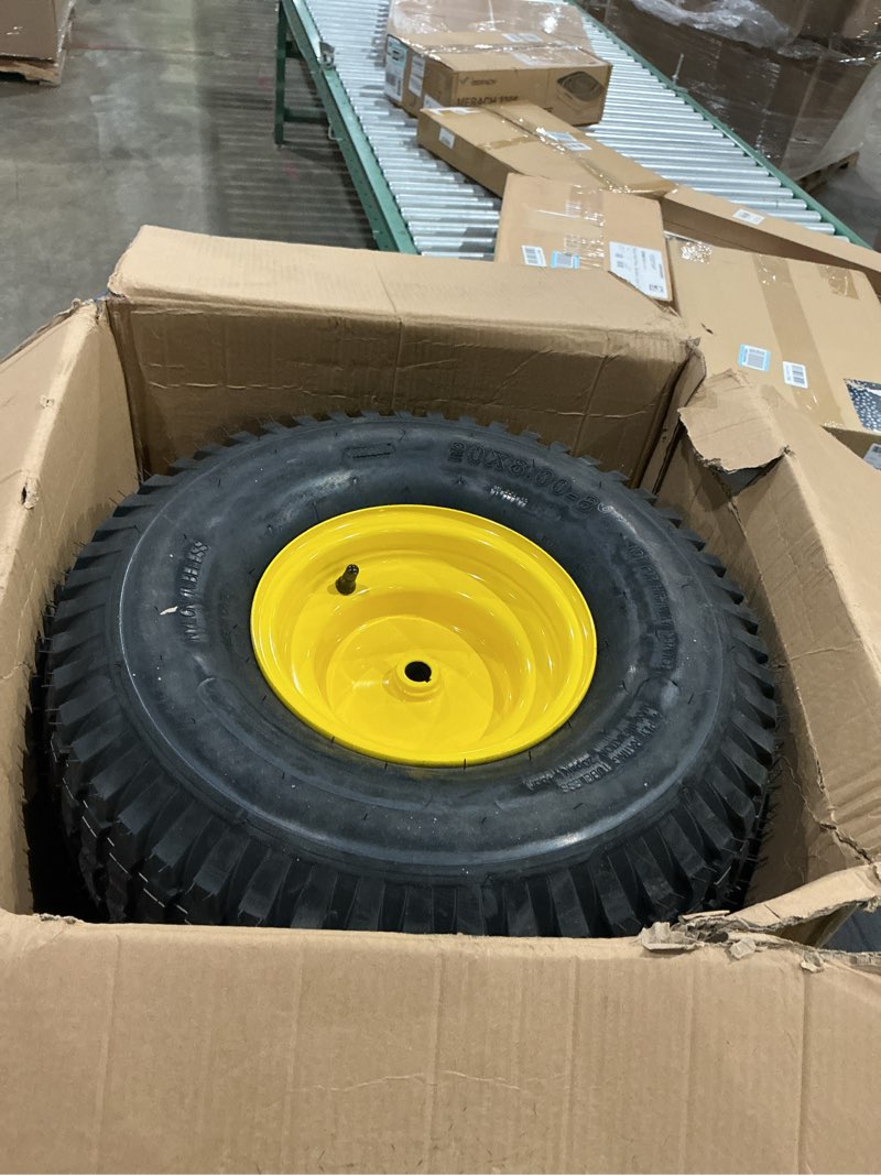 Condition photo showing As Is for (2-pack) 20x8.00-8 rear tire and wheel assemblies - 4 ply tubeless tire compatible replacement for riding lawn mowers - 3/4" borehole, 3.5" offset hub and 3/16" keyway 20 x 8.00-8" tubeless (offset hub) yellow