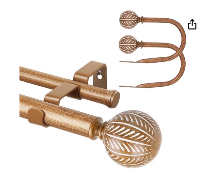 kamanina 1 inch wood double curtain rods for windows 36 to 72 inches (3-6 feet) with leaf pattern finials and holdbacks, wood grain