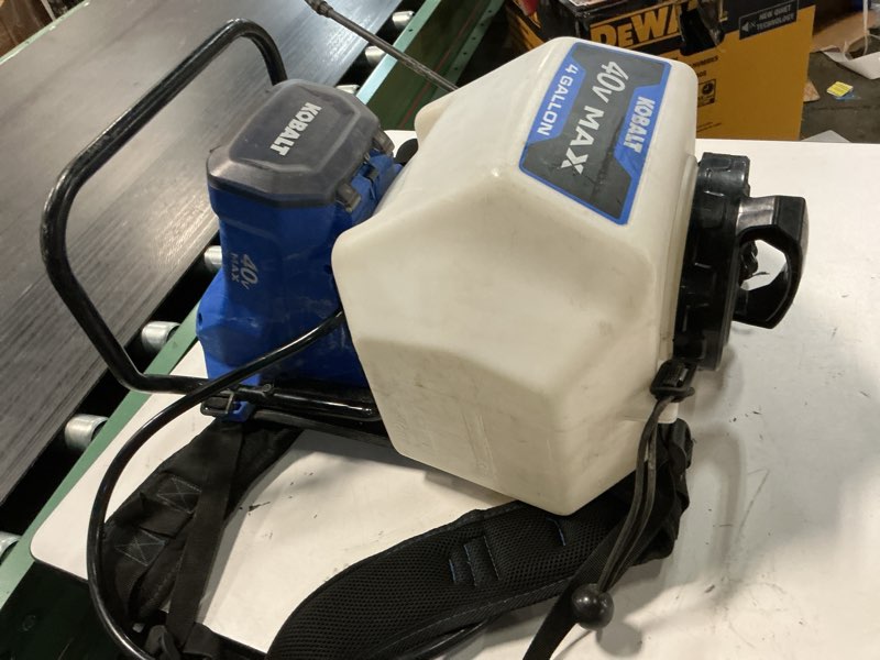 Condition photo showing As Is for kobalt 4-gallon 40-volt max battery operated plastic backpack with adjustable spray pattern battery not included charger not included