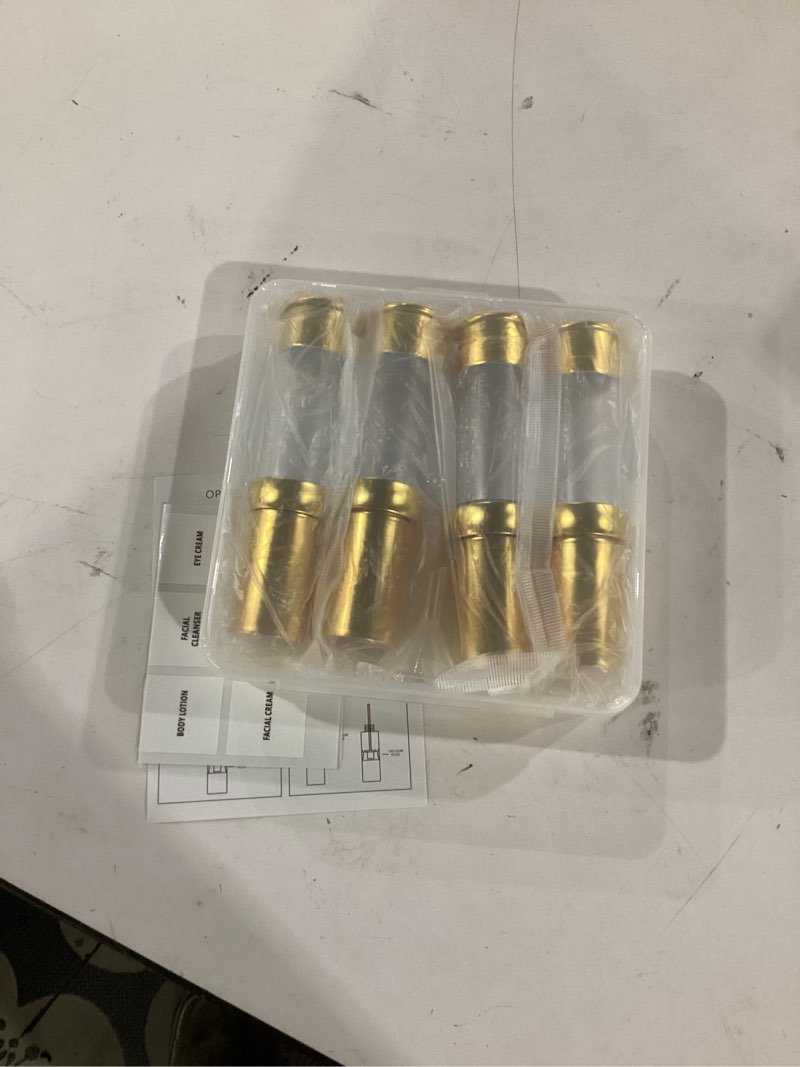 Condition photo showing Good Condition for gold 15ml 0.5 oz airless pump bottle toiletries travel size containers airport essentials dispenser with box reusable mini lotion plastic travel bottles 4 packs golden 15 ml