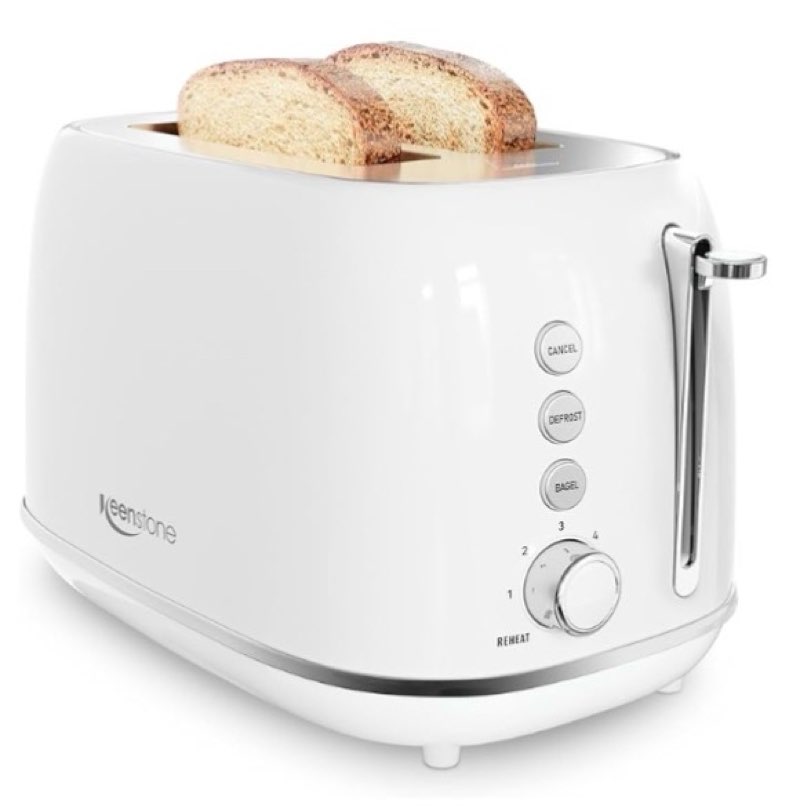 keenstone toaster 2 slice, retro wide slot stainless steel toaster with 6 browning levels, reheat & defrost, for bagel, toast, bread, kitchen essentials, removable crumb tray, white