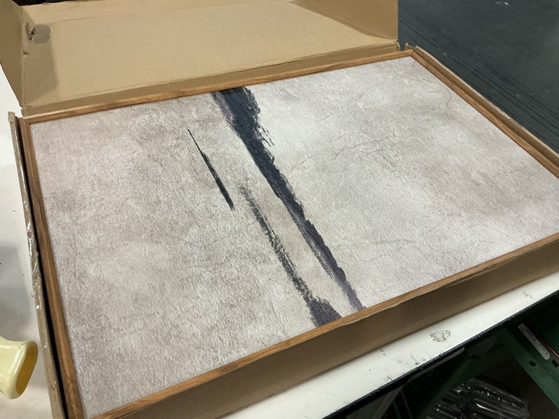 Condition photo showing As Is for Large Abstract Black and Tan Framed Canvas Wall Art,Vintage Minimalist Wall Decor,Neutral Brush Stroke Artwork,Modern Textured Art Print for Living Room,Bedroom,Office- 16"x24"x3 Brown and Black Wall Art 16"L x 24"W