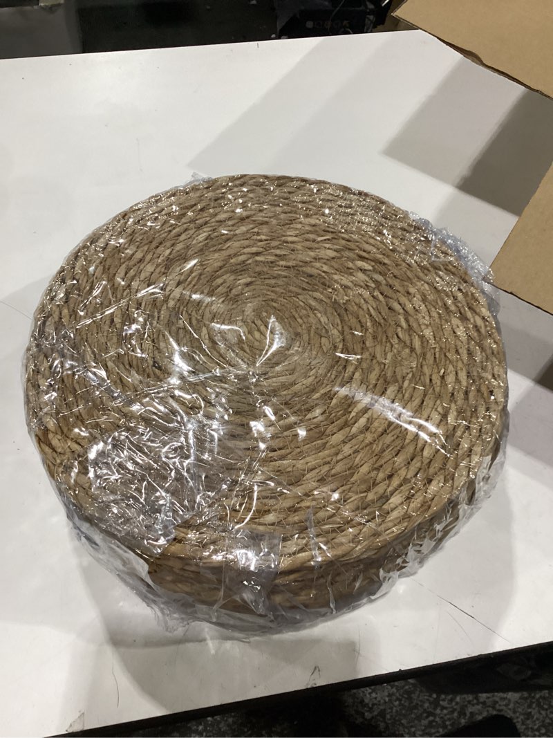 Condition photo showing New/Like New for 13 inch round woven placemats set of 24, boho farmhouse rustic rattan wicker braided chargers for dining table, water hyacinth jute place mats for dinner plates, outdoor patio & wedding decor