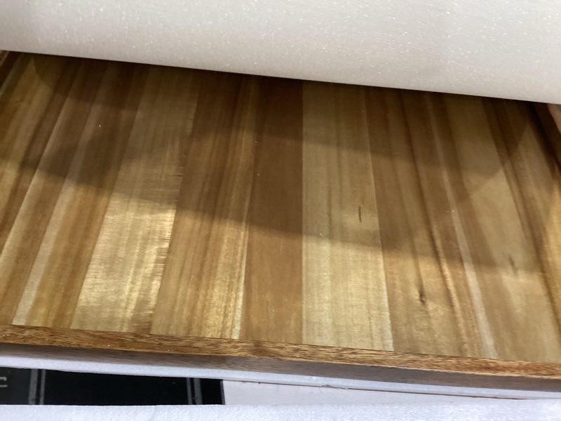 Condition photo showing Good Condition for extra large 30 inch square ottoman tray for living room, oversized acacia wood serving tray for coffee table, food, snacks, drinks, decorative tray (natural, 30" x 30")
