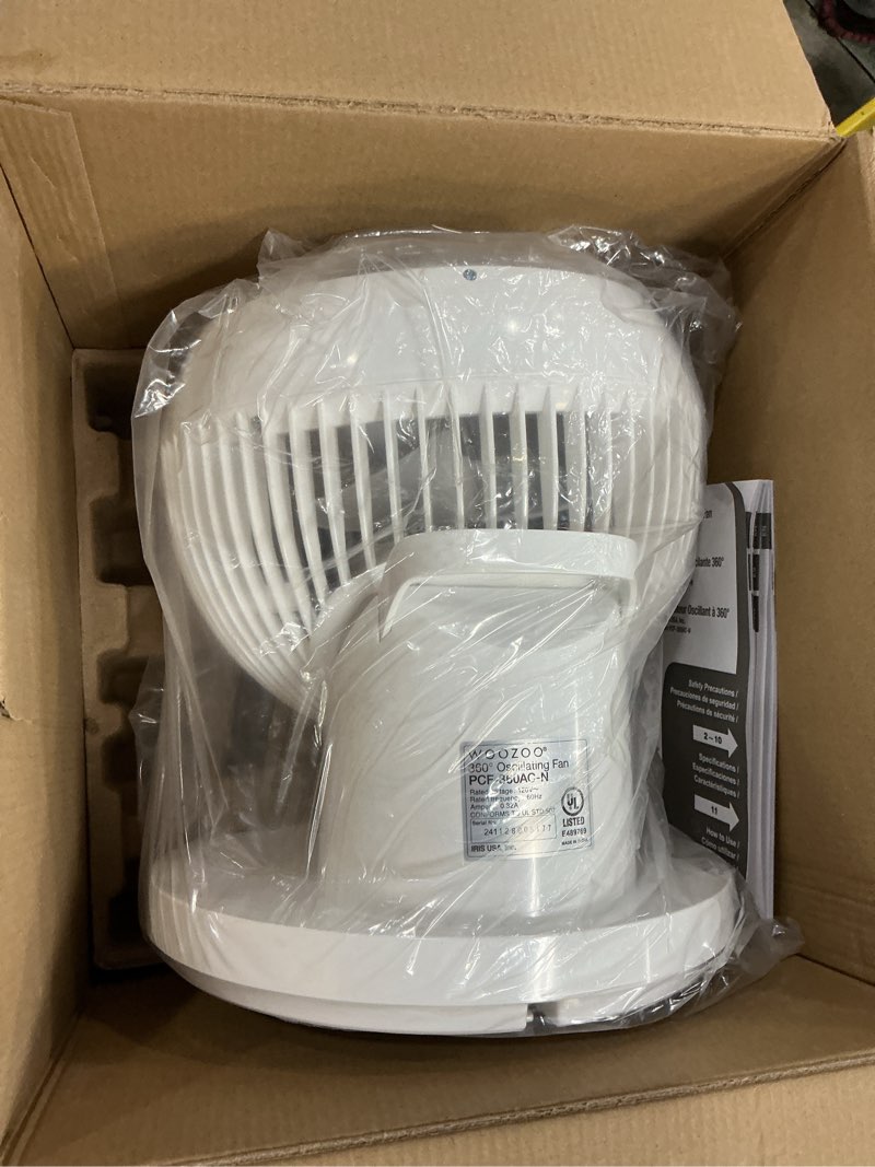 Condition photo showing New/Like New for iris woozoo 360° oscillating fan with remote and timer 3 speed settings