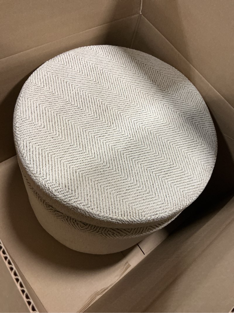 Condition photo showing Good Condition for homepop home decor | upholstered round storage ottoman | ottoman with storage for living room & bedroom, cream chevron woven