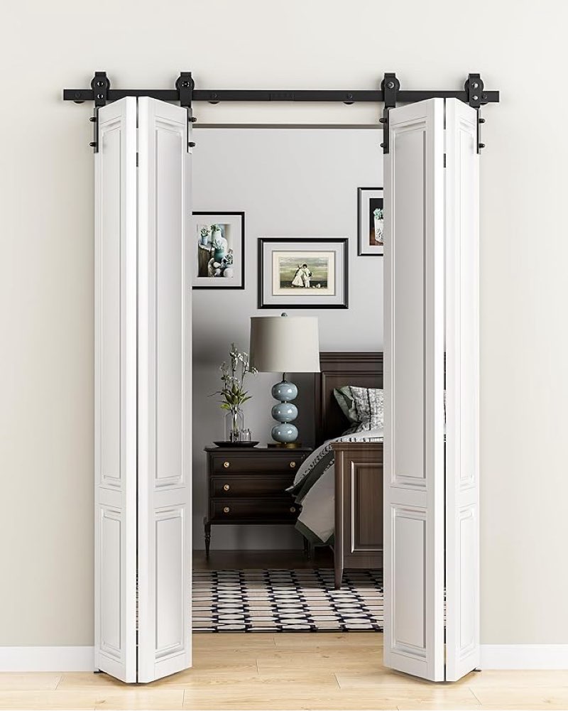 64'' bifold barn door hardware kit, 5.3ft side mount bi-folding track kit, slide smoothly quietly, fit four 15'' closet doors, easy install (panel not included)