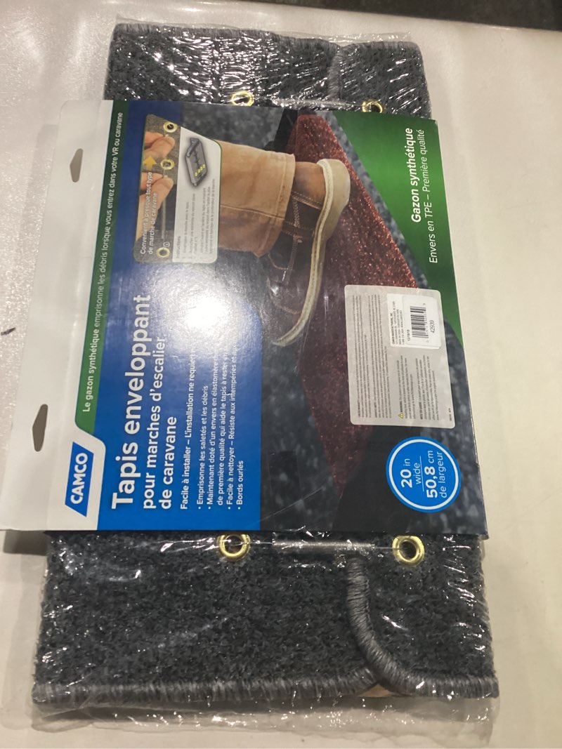 Condition photo showing New/Like New for Camco 42939 RV Step Rug (Premium Wrap Around, Turf Material (22" x 20") - Gray) (Pack of 2) Grey 1'8" x 1'10" (Rectangular) (Pack of 2)