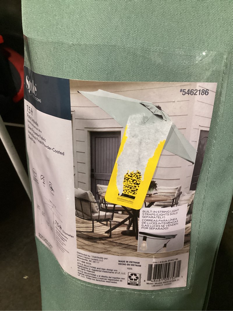 Condition photo showing As Is for style selections 7.5-ft steel sage green market patio umbrella
