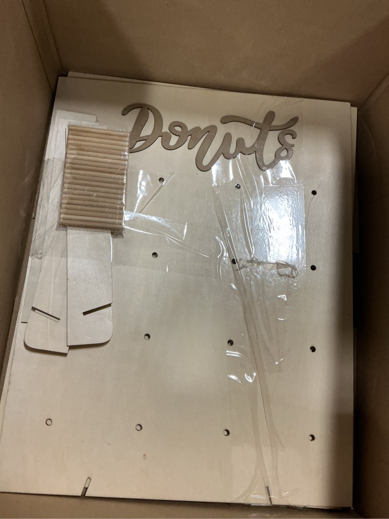 Condition photo showing As Is for 2 Pack Donut Wall Display Stand for Party, Wedding, Event, Brunch, and Birthday Use, Decorative Doughnut and Bagel Holder, Pop-Up Tabletop Placement, Laser Engraved Bamboo