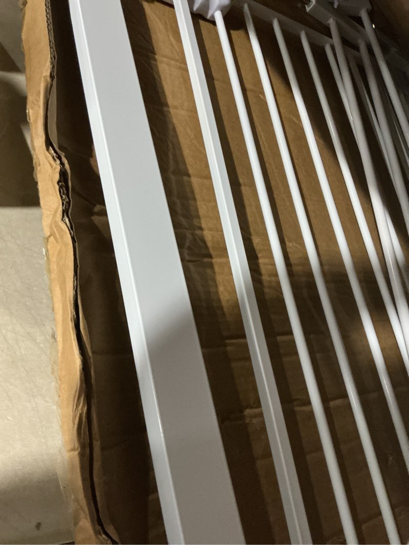 Condition photo showing As Is for baby gate no drilling, 29"-40" auto close dog gate indoor for doorways & stairs, pressure mounted adjustable pet gate, easy walk through child gate for children & pets stroller friendly, white