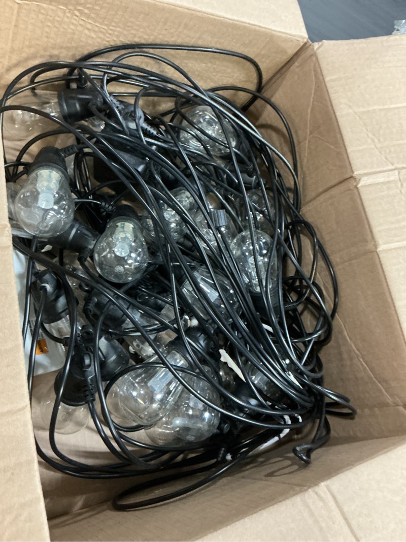 Condition photo showing As Is for YSJ Outdoor String Lights 49FT, Smart Outdoor Light for Patio with 15 Dimmable RGBW LED Bulbs,IP68 Waterproof Shatterproof,DIY Each Bulb Color Changing String Light?APPControl & Remote,Backyard Decor