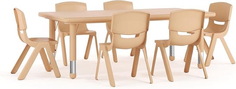  ( incomplete only chairs)) Flash Furniture Adjustable Classroom Activity Table with 6 Stackable Chairs, Rectangular Plastic Activity Table for Kids, 24\" W x 48\" L, Natural