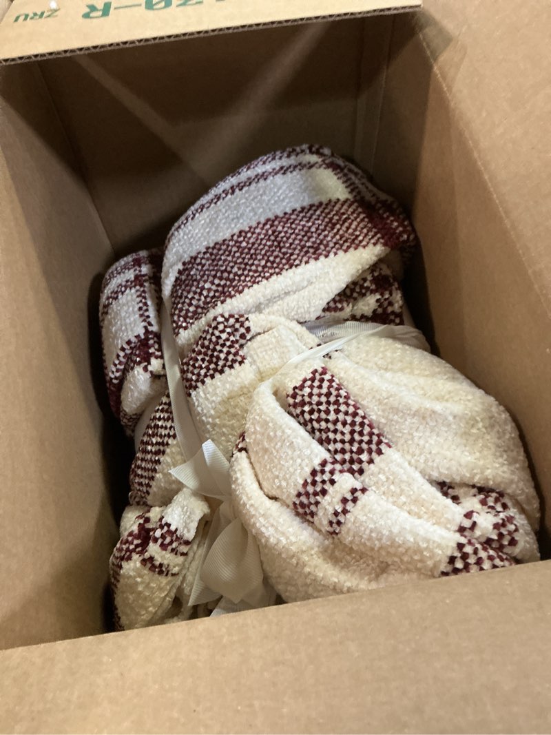 Condition photo showing Good Condition for TRULY SOFT Plaid Throw Blanket 50x70 – Soft Chenille Blanket with Fringe, Lightweight Cozy, Oeko-TEX Certified Burgundy/Ivory