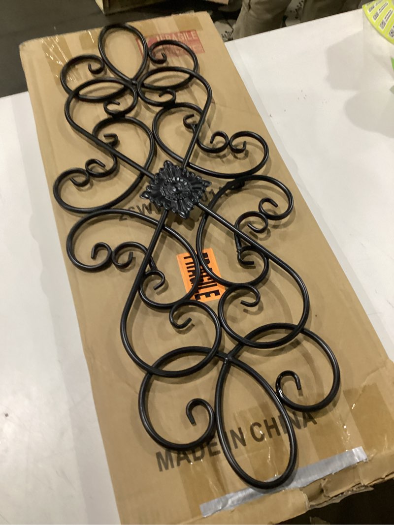Condition photo showing Good Condition for Sintosin Black Wrought Iron Wall Decor 32" x 13", Hanging Flower Scroll Metal Wall Art Decor, Living Room Wall Decor, Vintage House Decorations for Indoor Outdoor Fireplace Bedroom