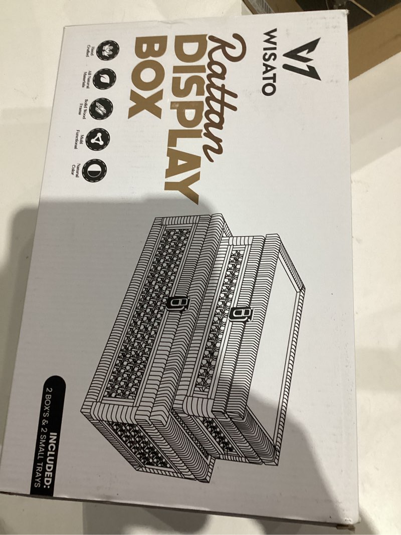 Condition photo showing New/Like New for Rattan Display Boxes with Glass Lids - Rectangular Decorative Storage Box for Shelf - Set of 2 Woven Wicker Boho Cane Decor Organizers - 2 Removable Rattan Storage Trays