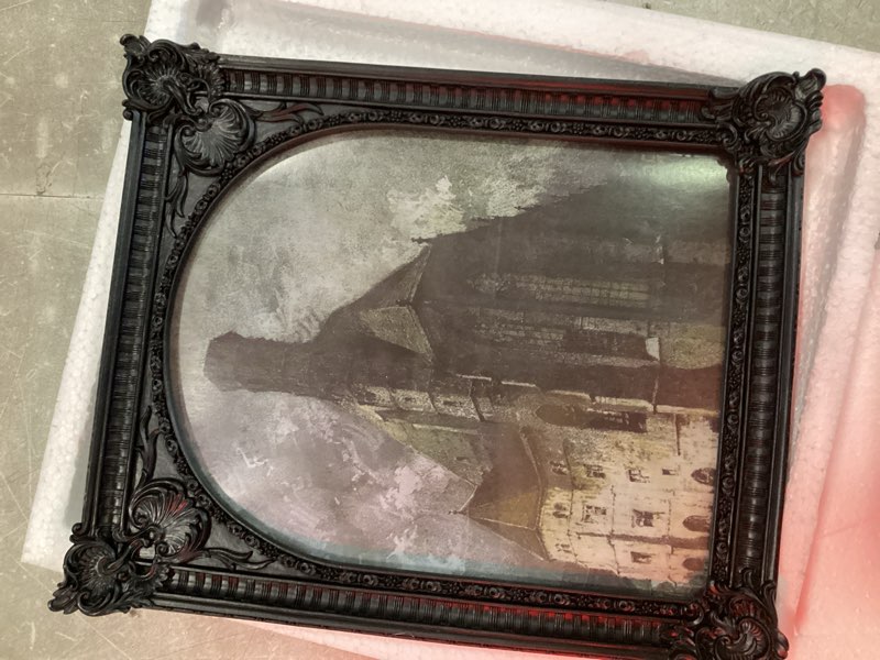 Condition photo showing As Is for 8x10 vintage picture frame, antique black ornate arched photo frame for wall hanging or tabletop display, retro gothic home decor, photo gallery art black 8x10