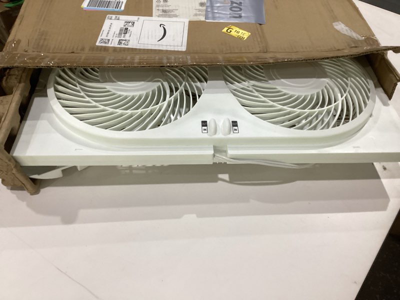 Condition photo showing As Is for amazon basics window fans for home bedroom, twin heads, cooling airflow, exhaust, expandable side panel digital control, 3 speeds, 78w, 9 inch, white, not tested