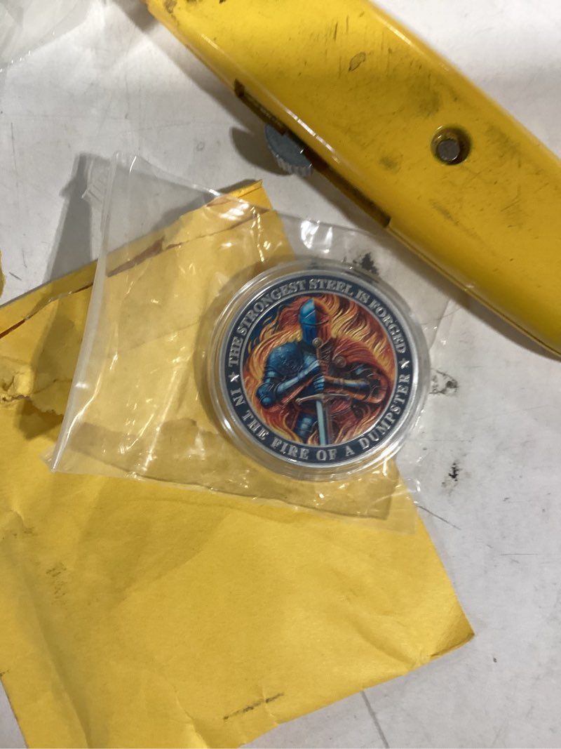Condition photo showing New/Like New for knight dumpster fire challenge coin - the strongest steel is forged dumpster fire coin - funny desk accessories for work - hilarious coworker go away token - inspirational gifts for men women teacher 1 pcs