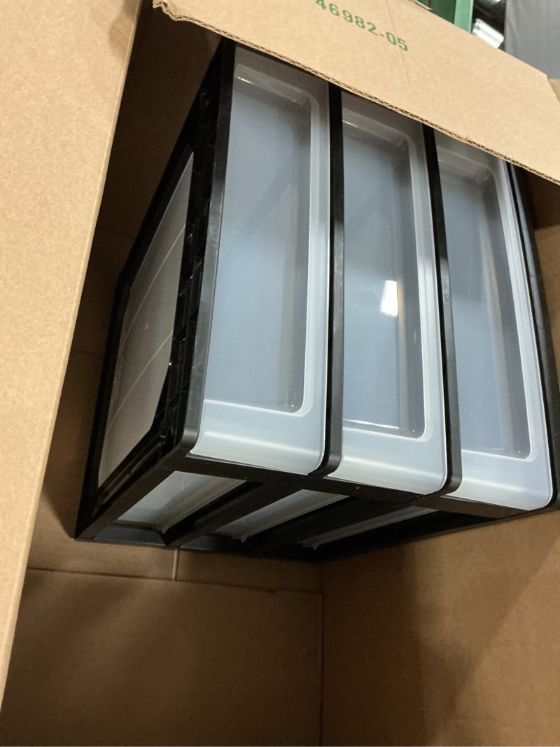 Condition photo showing Good Condition for iris usa plastic stacking desk top 3-drawer storage organizer, 1-pack, for makeup vanity nail polish bathroom stationery art craft supplies kitchen office garage and small organization, medium, black